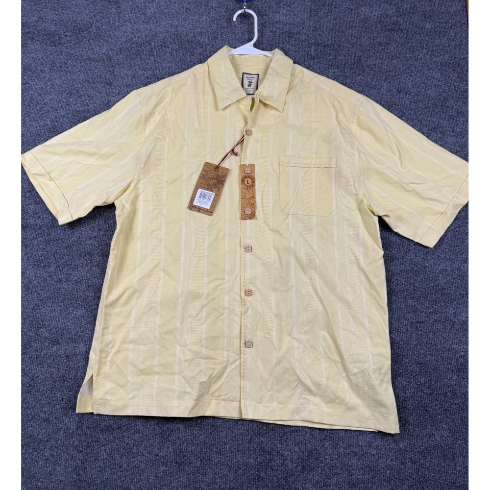 Jamaica Jaxx Mens Medium Butter Yellow Textured Stripe Camp Shirt 100% Silk NWT